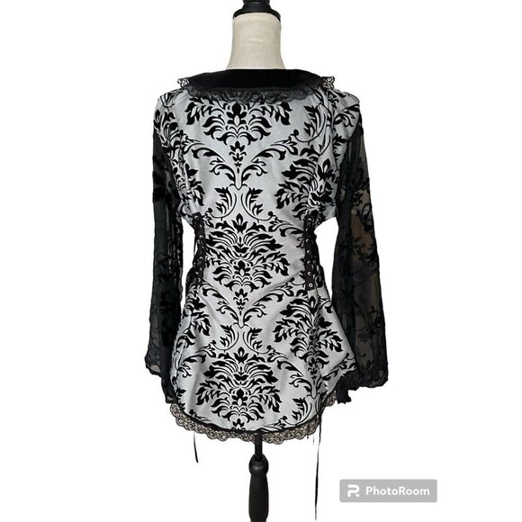 CYKXTEES Creative Brand Corset Blouse Sheer Sleeves Velvet Collar Long Tail - Picture 2 of 16